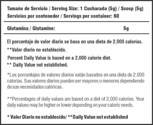 Glutamina Smart Nutrition Tabla Nutricional