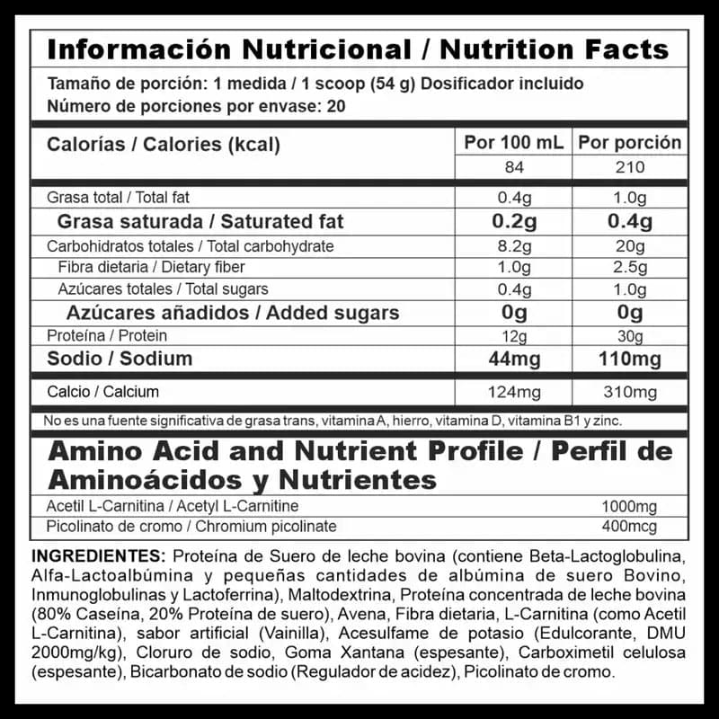 Bipro Ripped Nutramerican tabla nutricional