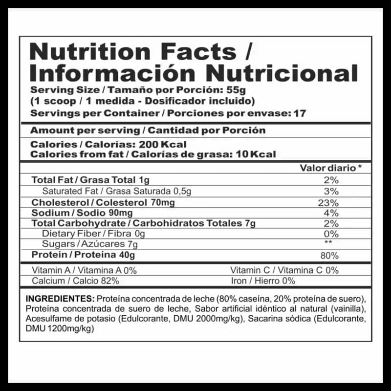 caseina complex night tabla nutricional